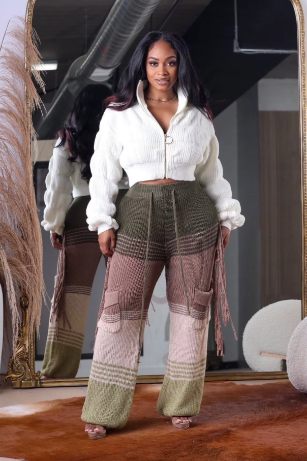 Knitted Pants for Women Wide Leg High Waisted Trousers Casual Office Ladies Thicken Warm Tassels Pants 2023 Autumn Winter