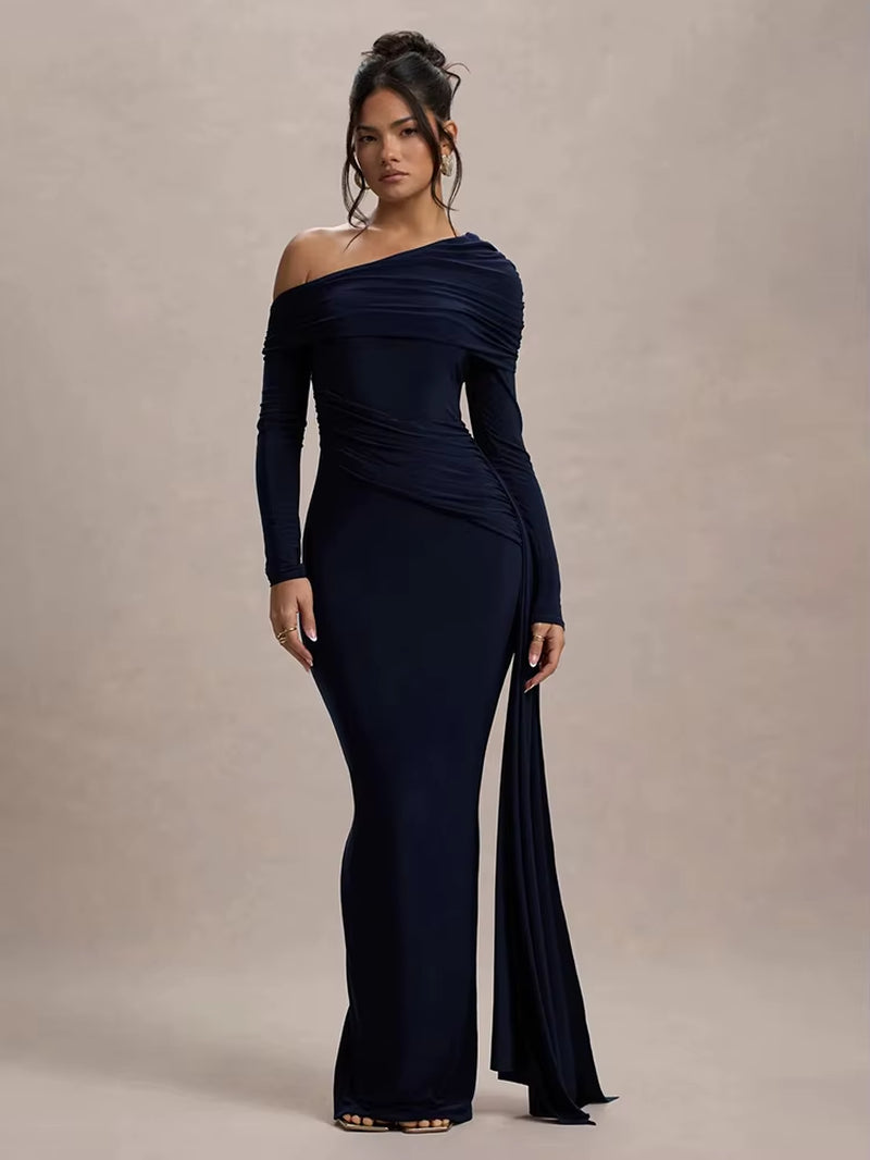 Skew Collar Long Sleeve Sexy Maxi Dress for Women Gown Fashion Backless Draped Ruched Bodycon Club Long Dress Elegant