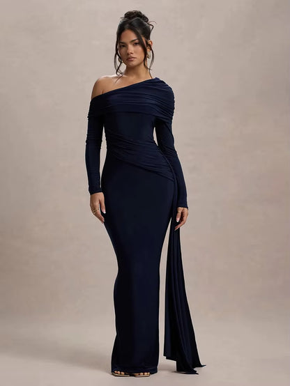 Skew Collar Long Sleeve Sexy Maxi Dress for Women Gown Fashion Backless Draped Ruched Bodycon Club Long Dress Elegant