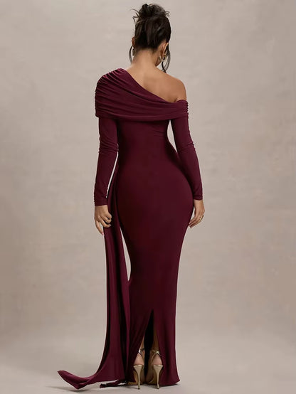 Skew Collar Long Sleeve Sexy Maxi Dress for Women Gown Fashion Backless Draped Ruched Bodycon Club Long Dress Elegant
