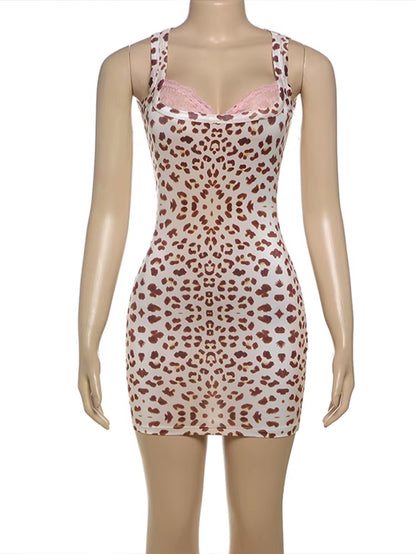 Leopard Print Dress Women Lace Square Collar Sleeveless Mini Bodycon Hot Girl Midnight Club Party Hipster Outfits