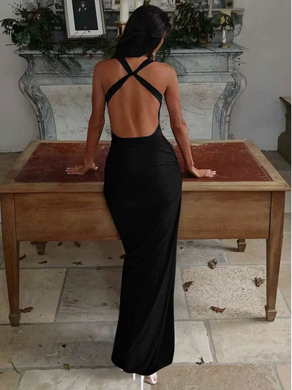 bib Sexy Sleeveless Backless Bodycon Party Club Evening Dress Women 2025 Spring/Summer New Elegant Pleated Slim Vestidos