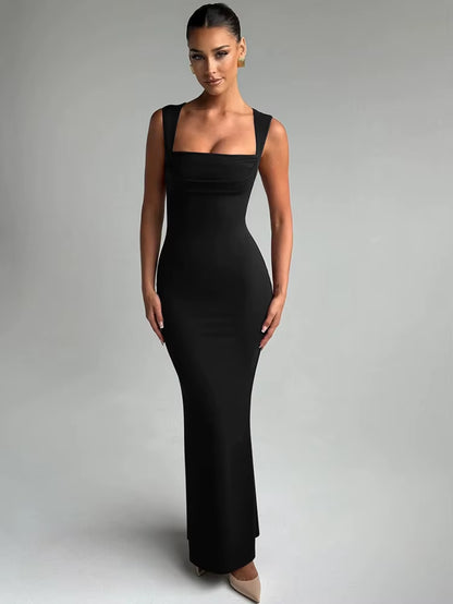 Square Collar Sleeveless Sexy Maxi Dress for Woman Fashion Spring Summer New High Waist Bodycon Club Party Long Dress