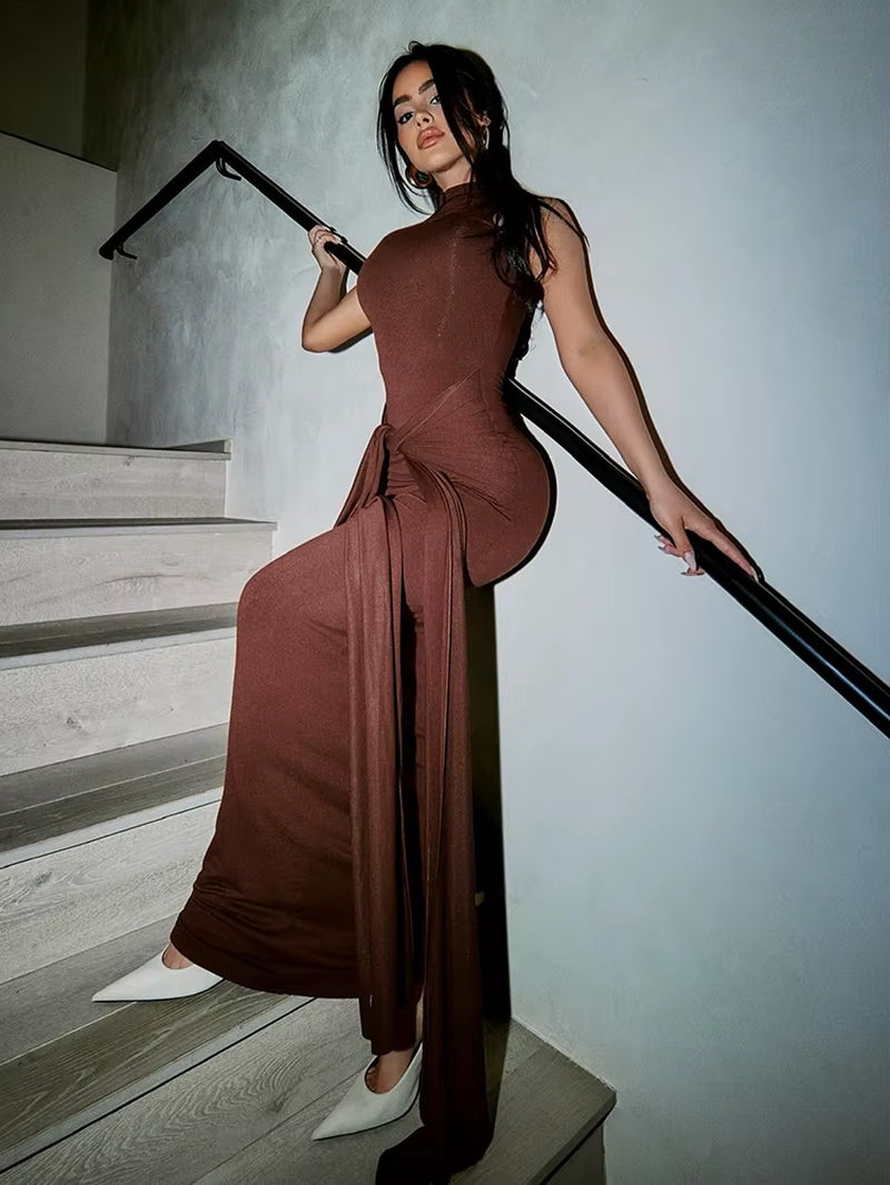round Neck Bandage Women Maxi Dress Black Sleeveless Solid Evening Dress Female Summer Skinny Elegant Party Clubwear