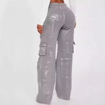 Silver Metallic Gilding Y2K Cargo Pants Women Fashion Button Fly High Waist Multi Pockets Loose Casual Straight Trousers