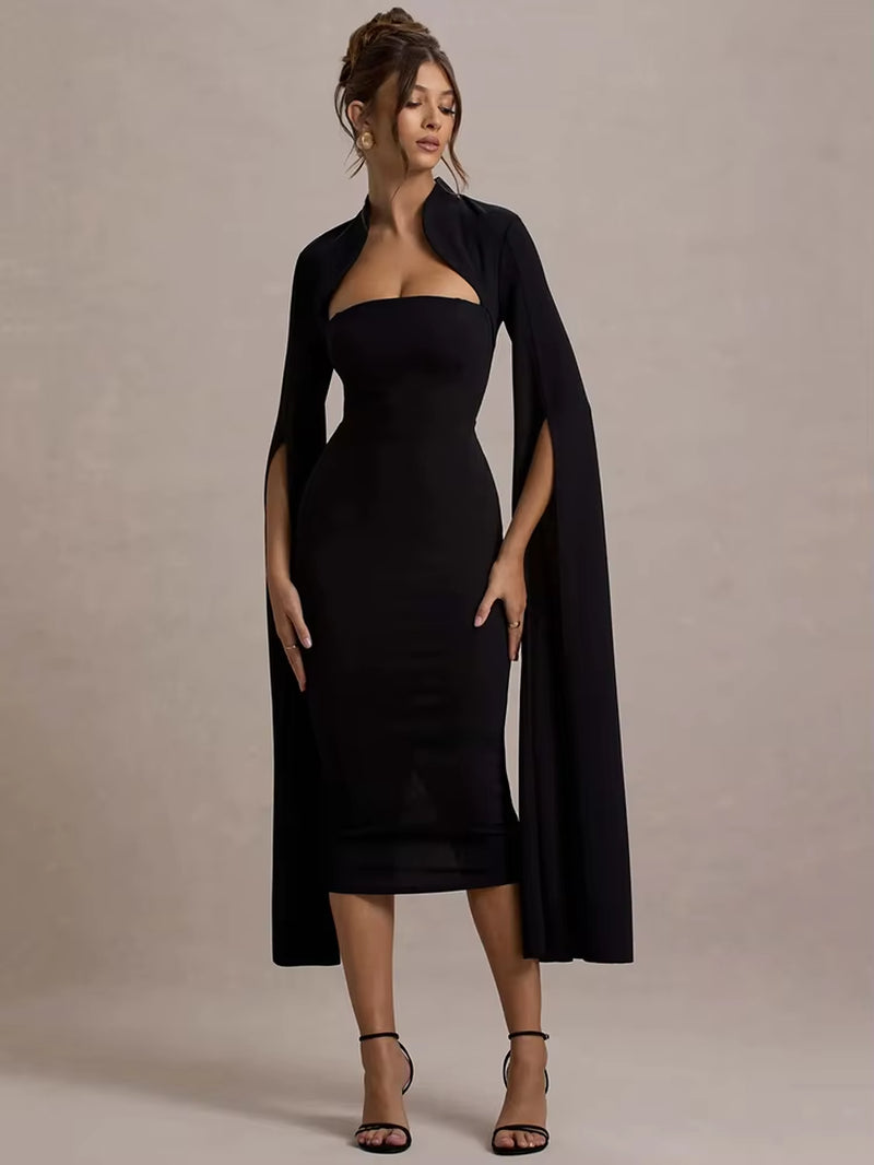 Cape Long Sleeve Sexy Midi Dress for Women Autumn Winter New Square Collar Back Slit Bodycon Club Party Long Dress