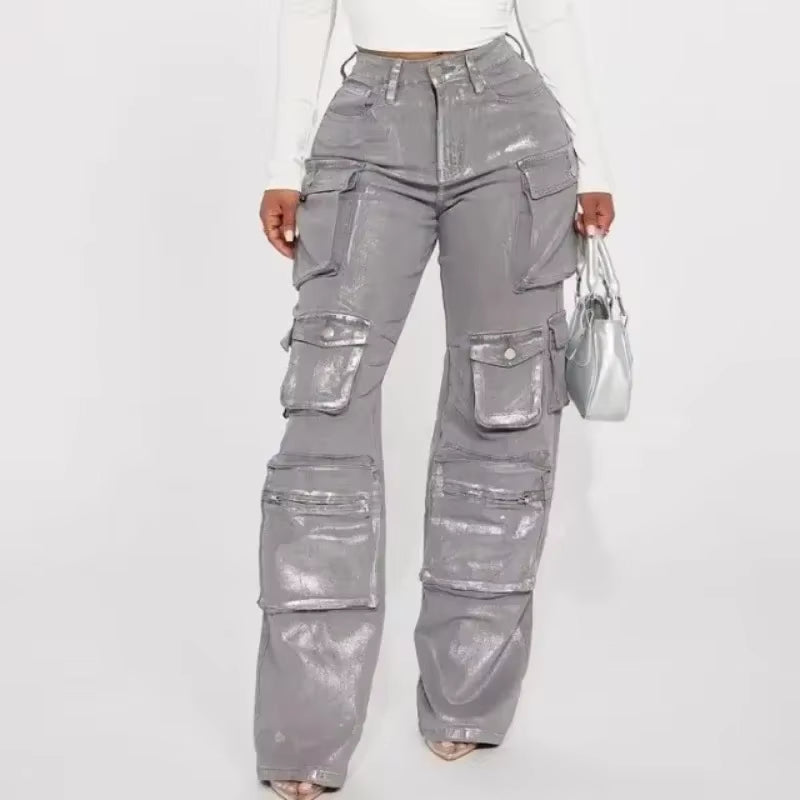 Silver Metallic Gilding Y2K Cargo Pants Women Fashion Button Fly High Waist Multi Pockets Loose Casual Straight Trousers