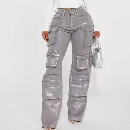 Silver Metallic Gilding Y2K Cargo Pants Women Fashion Button Fly High Waist Multi Pockets Loose Casual Straight Trousers