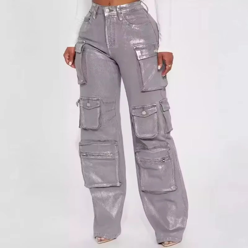 Silver Metallic Gilding Y2K Cargo Pants Women Fashion Button Fly High Waist Multi Pockets Loose Casual Straight Trousers