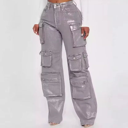 Silver Metallic Gilding Y2K Cargo Pants Women Fashion Button Fly High Waist Multi Pockets Loose Casual Straight Trousers
