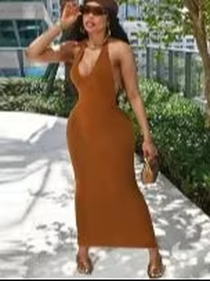 Pure Halter V Neck Midi Dress Backless Sleeveless Bodycon Sexy Streetwear Party Elegant Club 2021 Summer Clothes