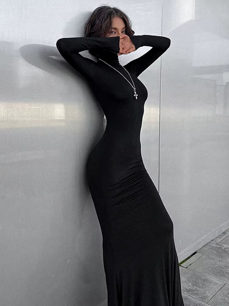 Elegant Dresses for Women Fashion Sexy Solid Turtleneck Full Sleeves Sheath Long Vestidos Robes Female Party Regular