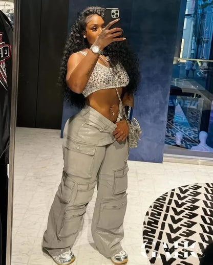 Silver Metallic Gilding Y2K Cargo Pants Women Fashion Button Fly High Waist Multi Pockets Loose Casual Straight Trousers