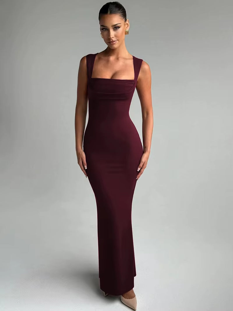 Square Collar Sleeveless Sexy Maxi Dress for Woman Fashion Spring Summer New High Waist Bodycon Club Party Long Dress