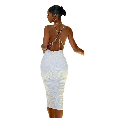 Solid Casual Backless Pleated Chain Dress