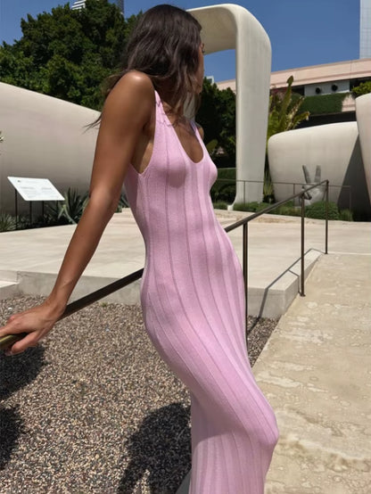 Trendix Knit Backless Dress for Women V Neck Slim Sleeveless Suspender Maxi Dress Vacation Sexy Beach Knitted Elegant Long Dress