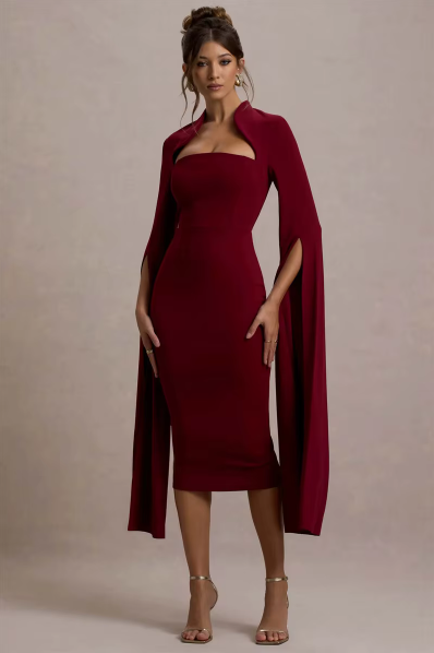Cape Long Sleeve Sexy Midi Dress for Women Autumn Winter New Square Collar Back Slit Bodycon Club Party Long Dress