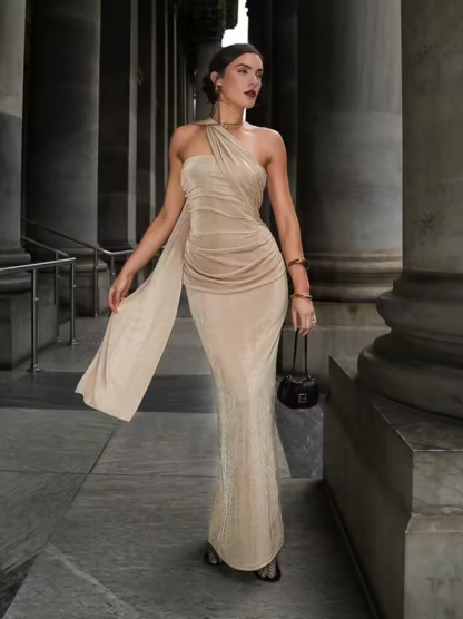 Slash Neck Ribbons Women Dress Hipster Elegant Incline Shoulder Pleated Sleeveless Slim Long Robe Mujer High Street Frock
