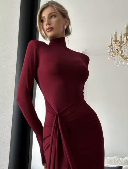 Fashion Pleated Bandage Long Dress for Women High Waist Slim Patchwork Long Sleeve Elegant Commute Women&