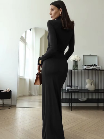 Fashion Pleated Bandage Long Dress for Women High Waist Slim Patchwork Long Sleeve Elegant Commute Women&