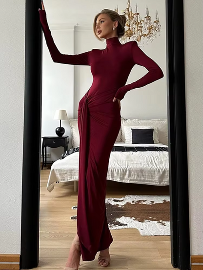 Fashion Pleated Bandage Long Dress for Women High Waist Slim Patchwork Long Sleeve Elegant Commute Women&