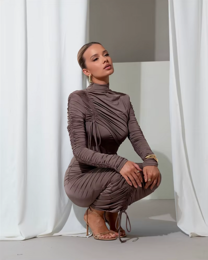 Long Sleeve Ruched Sexy Maxi Dress for Women Autumn Winter New Drawstring Turtleneck Bodycon Sexy Long Dress Elegant