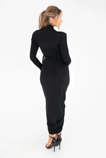 Long Sleeve Ruched Sexy Maxi Dress for Women Autumn Winter New Drawstring Turtleneck Bodycon Sexy Long Dress Elegant