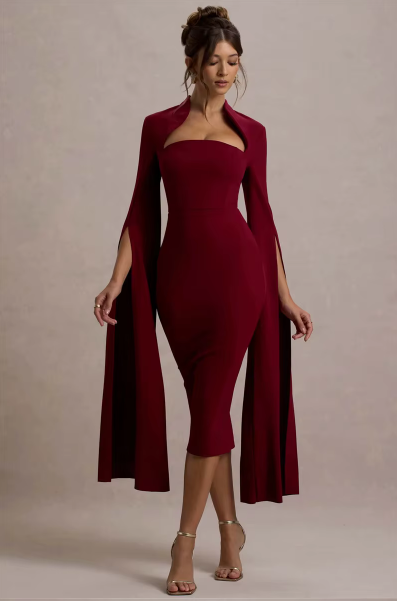 Cape Long Sleeve Sexy Midi Dress for Women Autumn Winter New Square Collar Back Slit Bodycon Club Party Long Dress