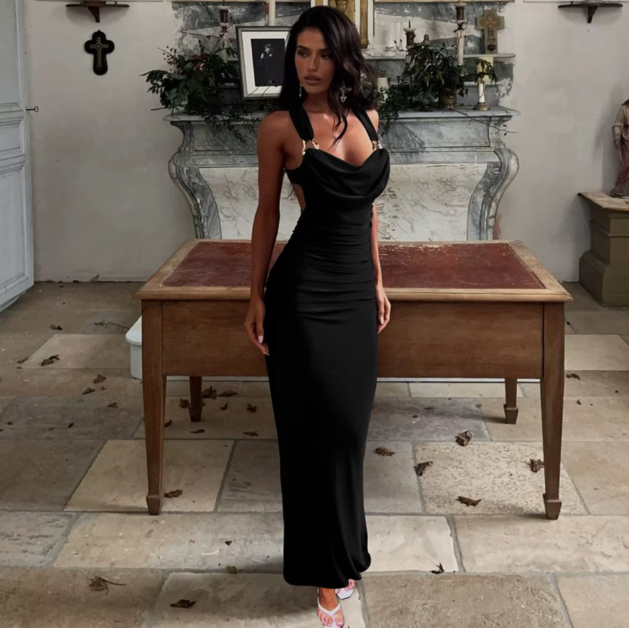 bib Sexy Sleeveless Backless Bodycon Party Club Evening Dress Women 2025 Spring/Summer New Elegant Pleated Slim Vestidos