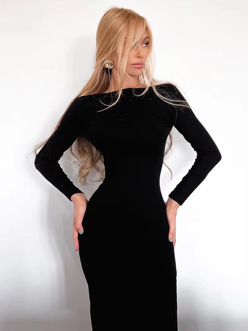 Sexy Dresses Women Fashion Streetwear Regular Solid Slash-Neck Full Sleeve Slim Skinny Party Split Vestidos Robes Zipper
