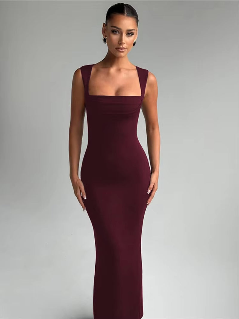 Square Collar Sleeveless Sexy Maxi Dress for Woman Fashion Spring Summer New High Waist Bodycon Club Party Long Dress