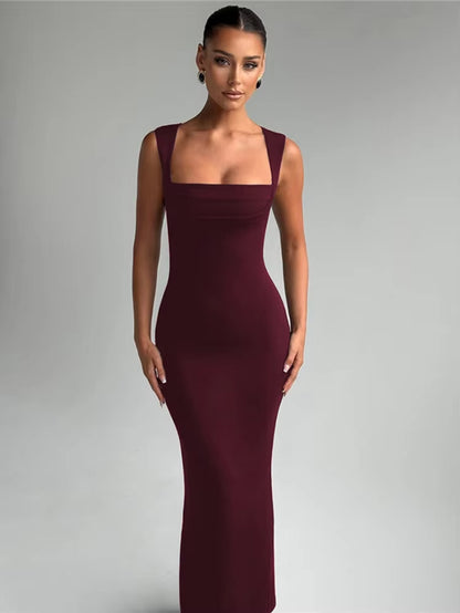 Square Collar Sleeveless Sexy Maxi Dress for Woman Fashion Spring Summer New High Waist Bodycon Club Party Long Dress