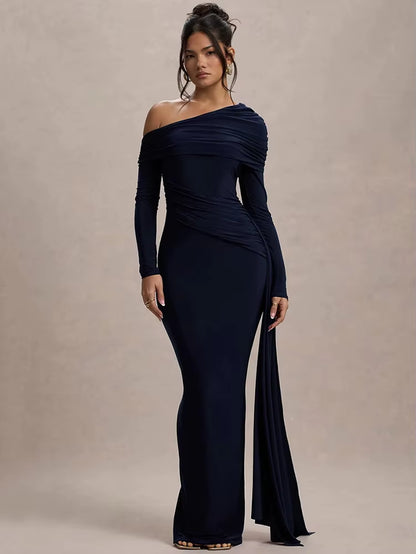 Skew Collar Long Sleeve Sexy Maxi Dress for Women Gown Fashion Backless Draped Ruched Bodycon Club Long Dress Elegant