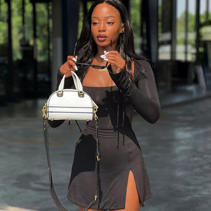 Women Sexy Mini Dresses Solid New Spring Fashion Long Sleeves Lace-Up Split Bodycon Dress Lady Elegant Knitted Dresses Clothing