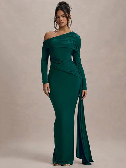 Skew Collar Long Sleeve Sexy Maxi Dress for Women Gown Fashion Backless Draped Ruched Bodycon Club Long Dress Elegant