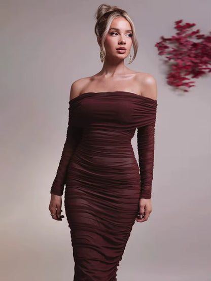 Off-Shoulder Long Sleeve Sexy Maxi Dress for Women Autumn New Strapless Backless Bodycon Ruched Party Long Dress