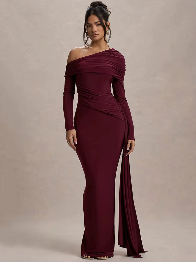 Skew Collar Long Sleeve Sexy Maxi Dress for Women Gown Fashion Backless Draped Ruched Bodycon Club Long Dress Elegant