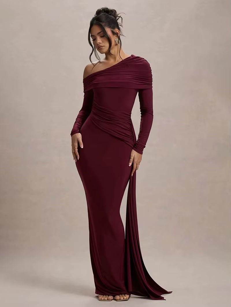 Skew Collar Long Sleeve Sexy Maxi Dress for Women Gown Fashion Backless Draped Ruched Bodycon Club Long Dress Elegant