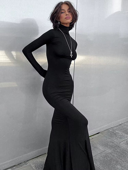 Elegant Dresses for Women Fashion Sexy Solid Turtleneck Full Sleeves Sheath Long Vestidos Robes Female Party Regular