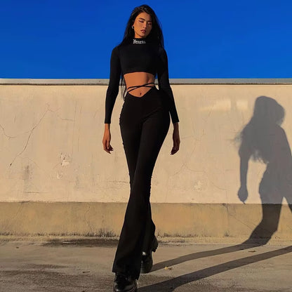 Y2K V-Shape Waist Flare Pants Fashion Style Sexy Strechy Trousers Women Lace up High Waist Low Rise Harajuku Solid Full Length