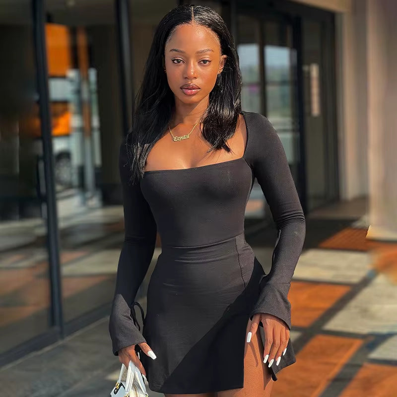 Women Sexy Mini Dresses Solid New Spring Fashion Long Sleeves Lace-Up Split Bodycon Dress Lady Elegant Knitted Dresses Clothing
