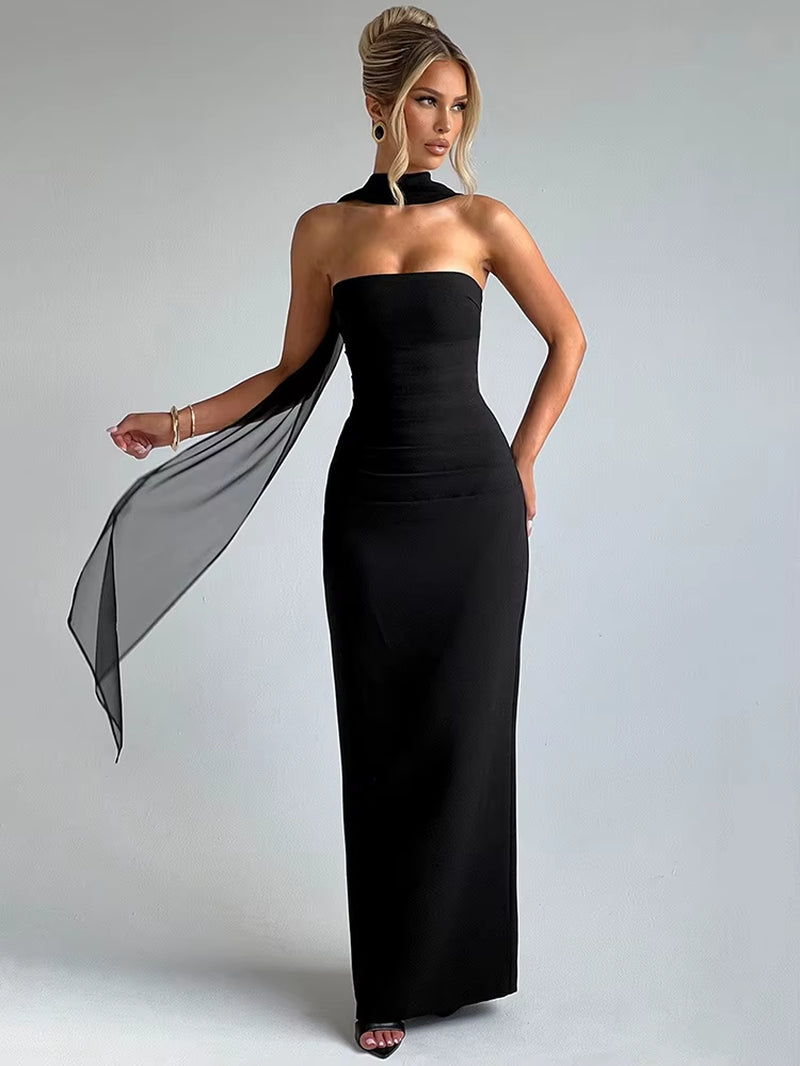 bib Scarf Collar Strapless Sexy Maxi Dress for Women Fashion Off-Shoulder Backless Bodycon Club Party Long Dress Elegant